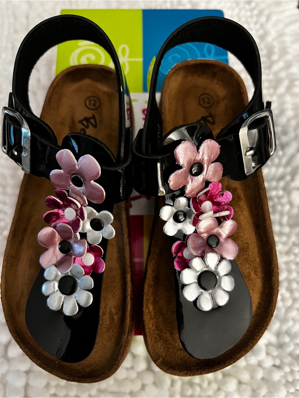 Girls' Black Floral T-Strap Sandals with Pink & White Flower Accents